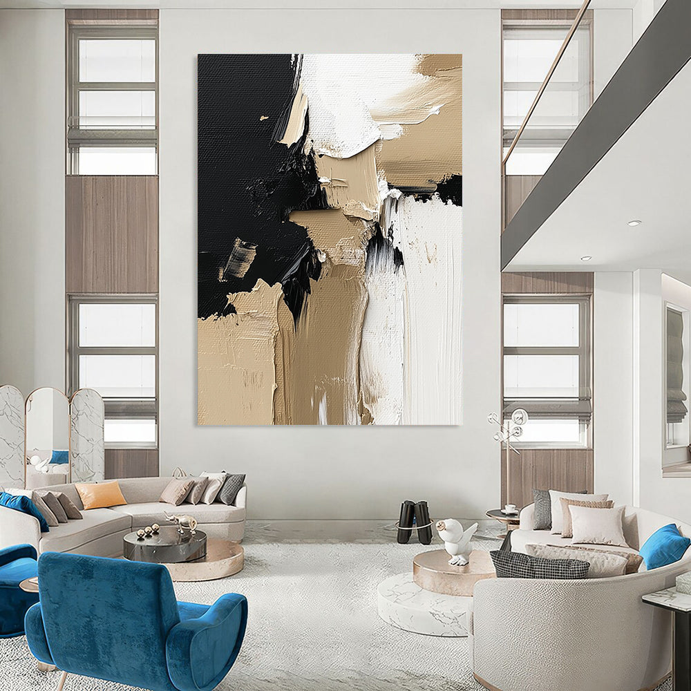 Contemporary hand-painted abstract artwork featuring a striking blend of black, white, and beige textures perfect for enhancing wall aesthetics. DLZ0321