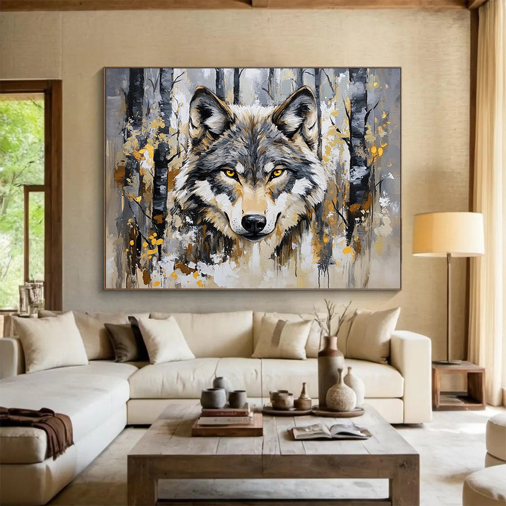 “Wolf in Forest” - Gray, brown, yellow, Realistic Animal Painting HB0636