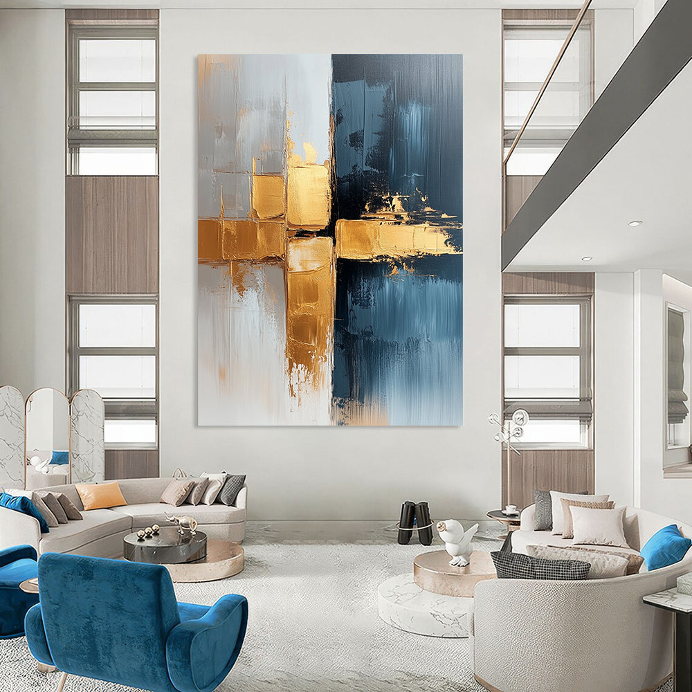 Contemporary hand-painted abstract art featuring a luxurious blend of white and gold tones with gray-blue gradients and striking brushstrokes for a unique visual experience. DLZ0778