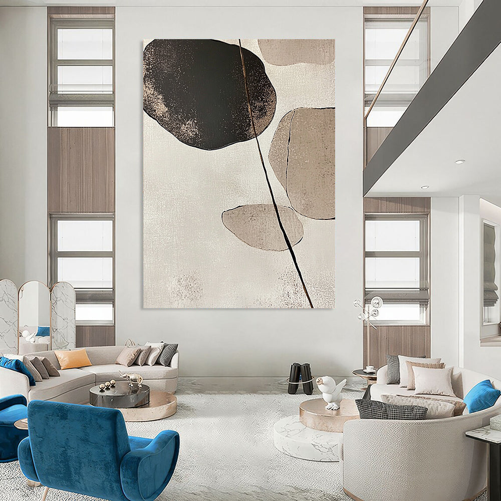 Large contemporary abstract art featuring minimalist Japandi design with stone and leaf forms in beige and neutral tones against a white background. DLZ1616
