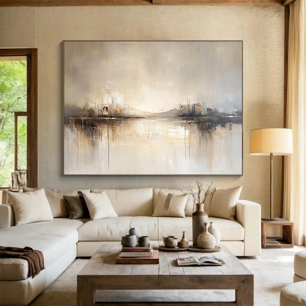 “Neutral Lake Reflection” - Beige, Gray, Subtle Peaks and Reflective Lake Painting On Canvas HB0931