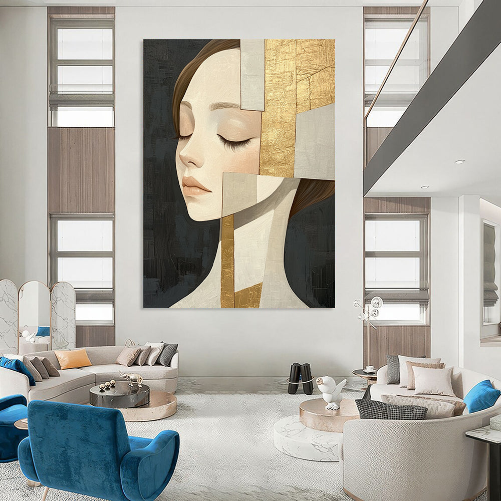Large contemporary hand-painted abstract artwork featuring an elegant woman in beige tones with gold leaf accents against a dark gray background. DLZ1405