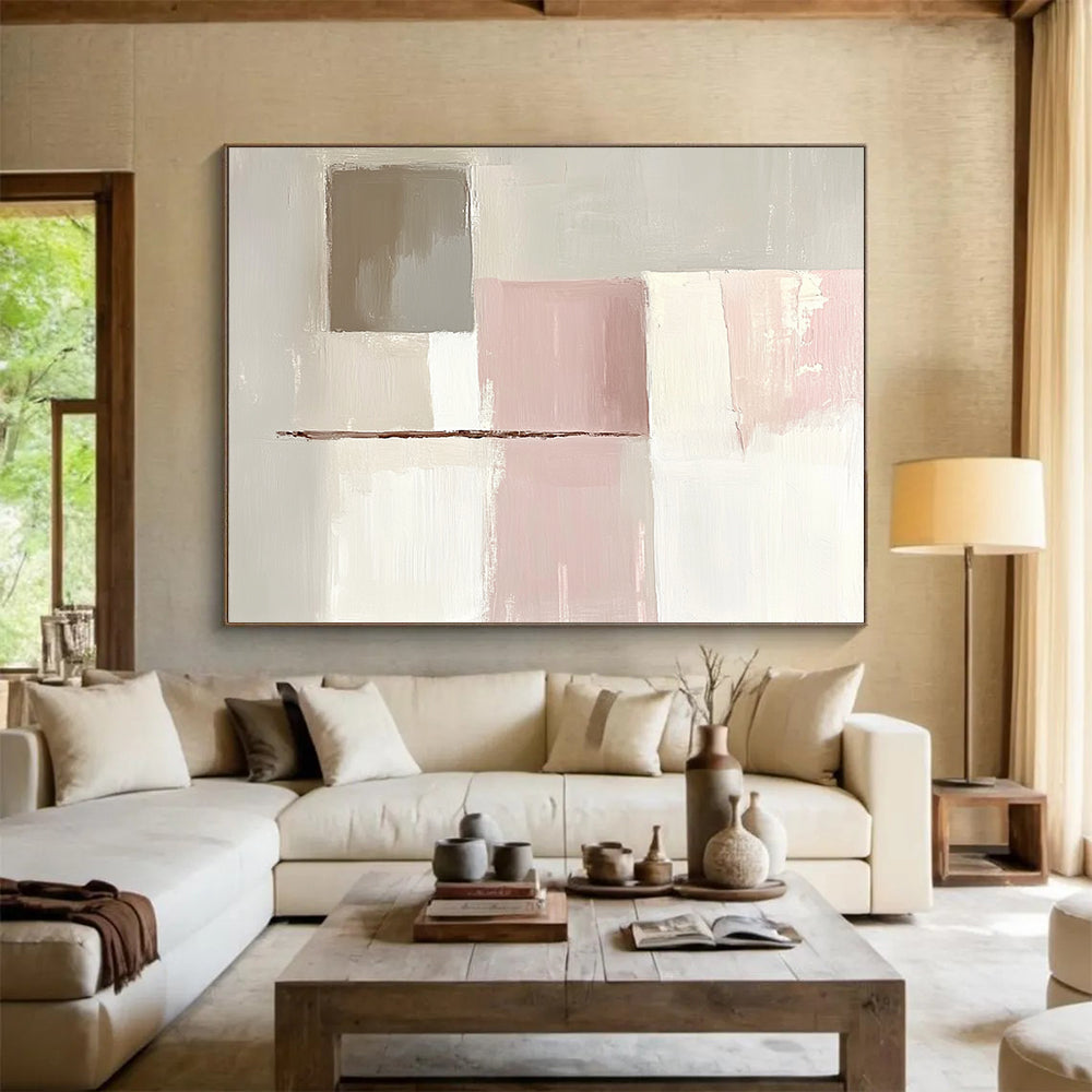 “Pastel Geometric Abstract” - Beige, Pink, White, Brown, Geometric Forms - Painting On Canvas HB1423