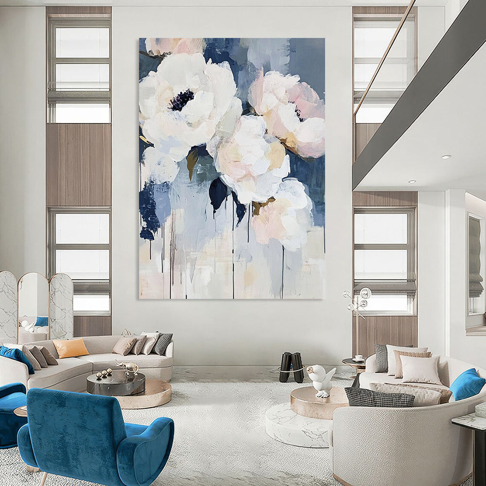 Contemporary abstract art featuring large brush strokes with light blue and white flowers such as peonies and roses accented by navy tones. DLZ0380