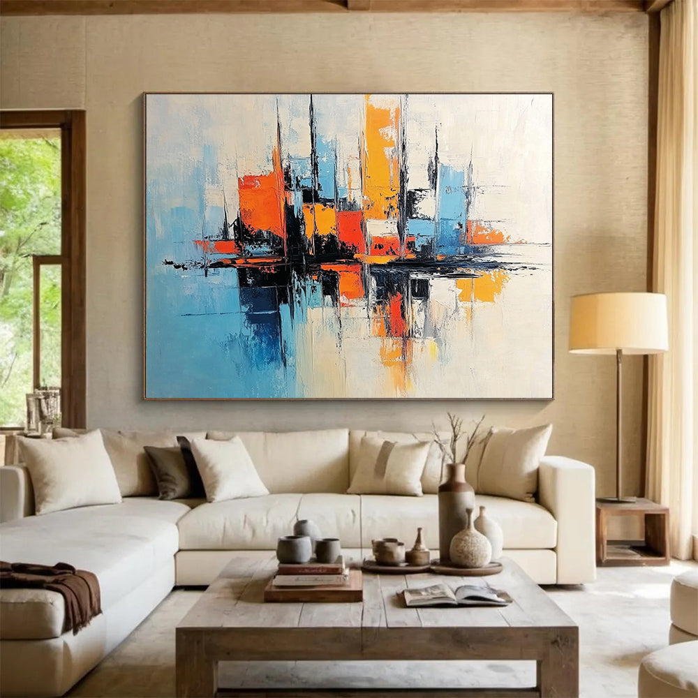 “Minimalist City Abstraction” - Blue, Orange, White, Abstract City Forms Painting On Canvas HB0987