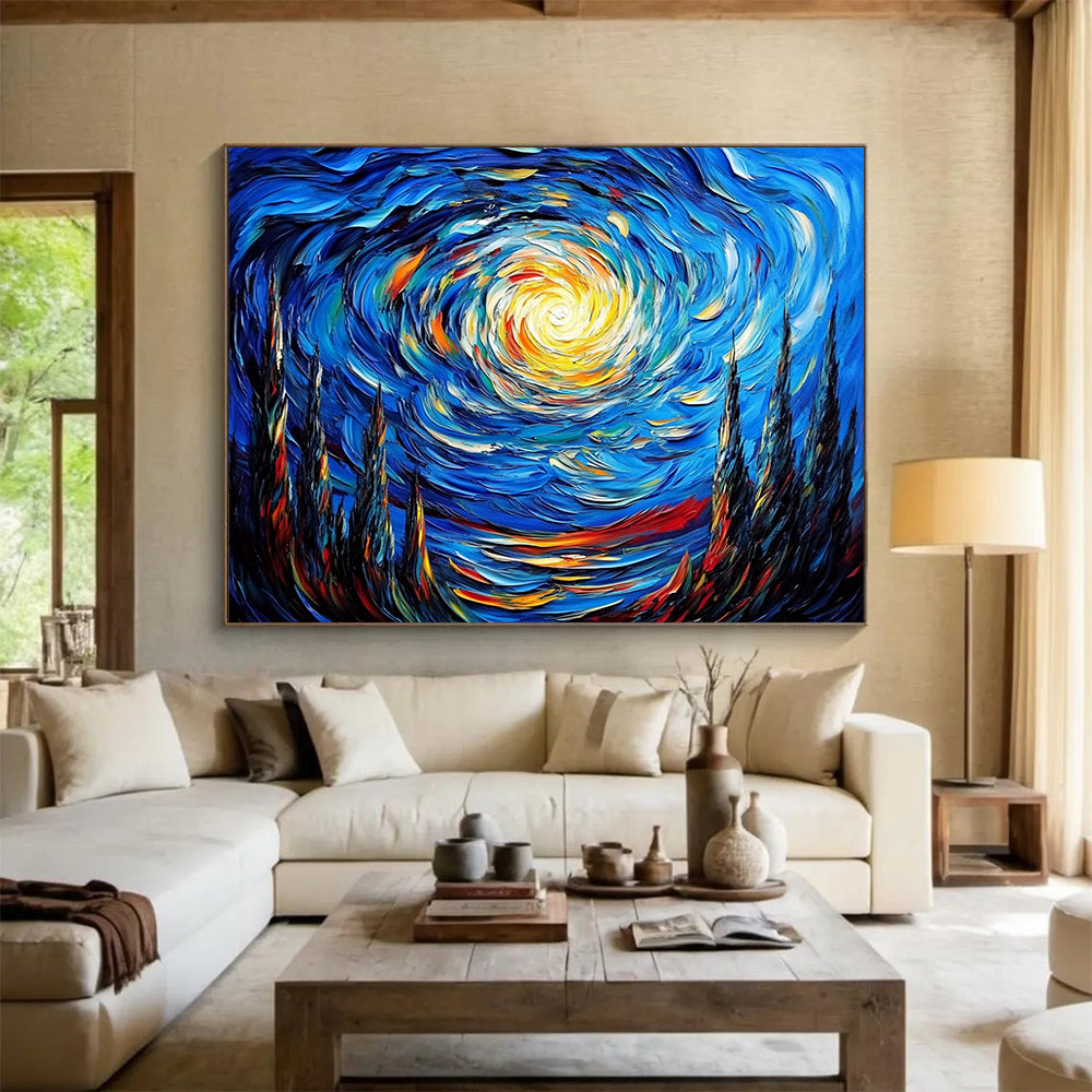 “Swirling Starry Night” - Deep Blues, Bright Yellows, Oranges, Dynamic Starry Sky - Impasto Oil Painting HB1721