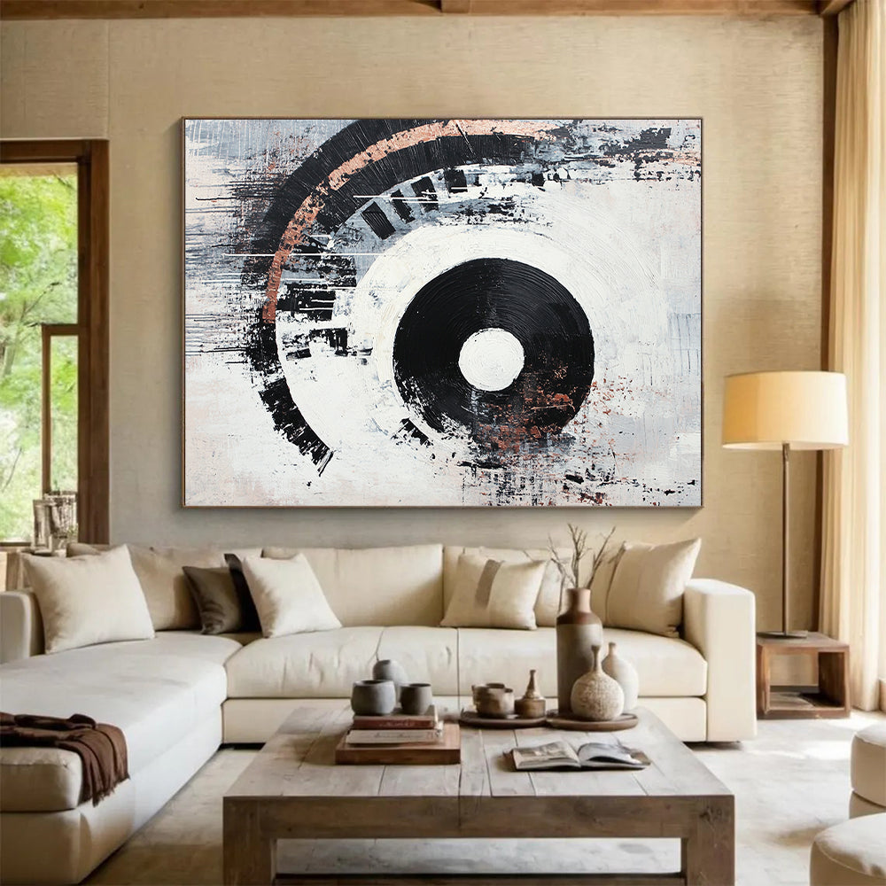 Black, White, Gray, Copper, Concentric Circles "Industrial Echo" Abstract Cubist - Inspired Painting On Canvas HB072