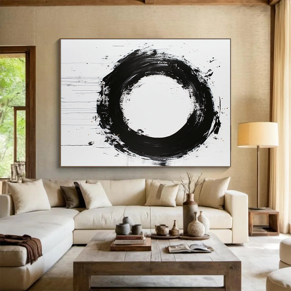 White, Black and Gold Abstract Circle "Zen Enso" Painting On Canvas HB365