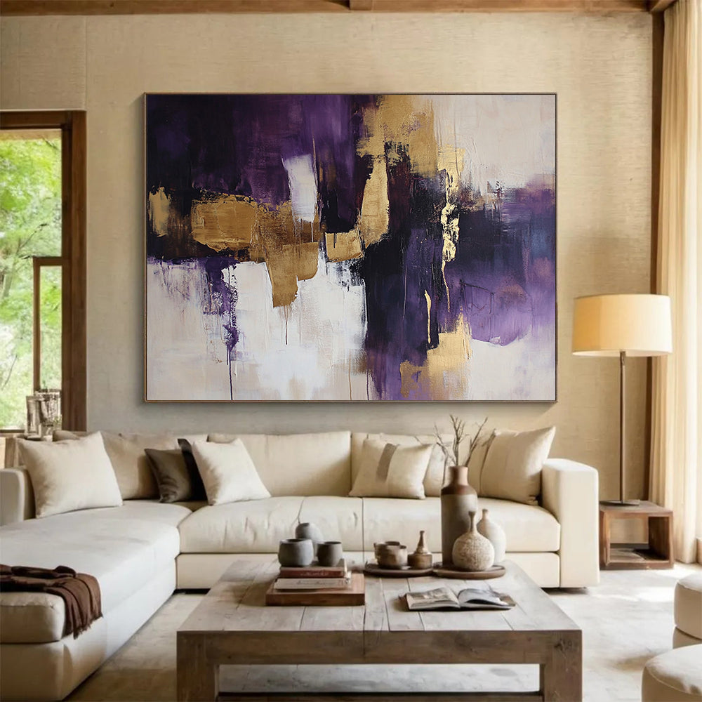 “Purple and Gold Abstract Fusion” - Purple, gold, white, black; Dynamic abstract color blocks and drips; Acrylic Painting On Canvas HB1216