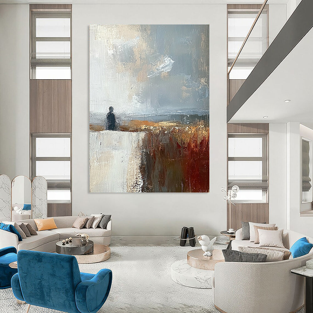 Contemporary abstract painting featuring muted brown grey and blue landscape under a large white sky creating a detailed and moody atmosphere. DLZ0487