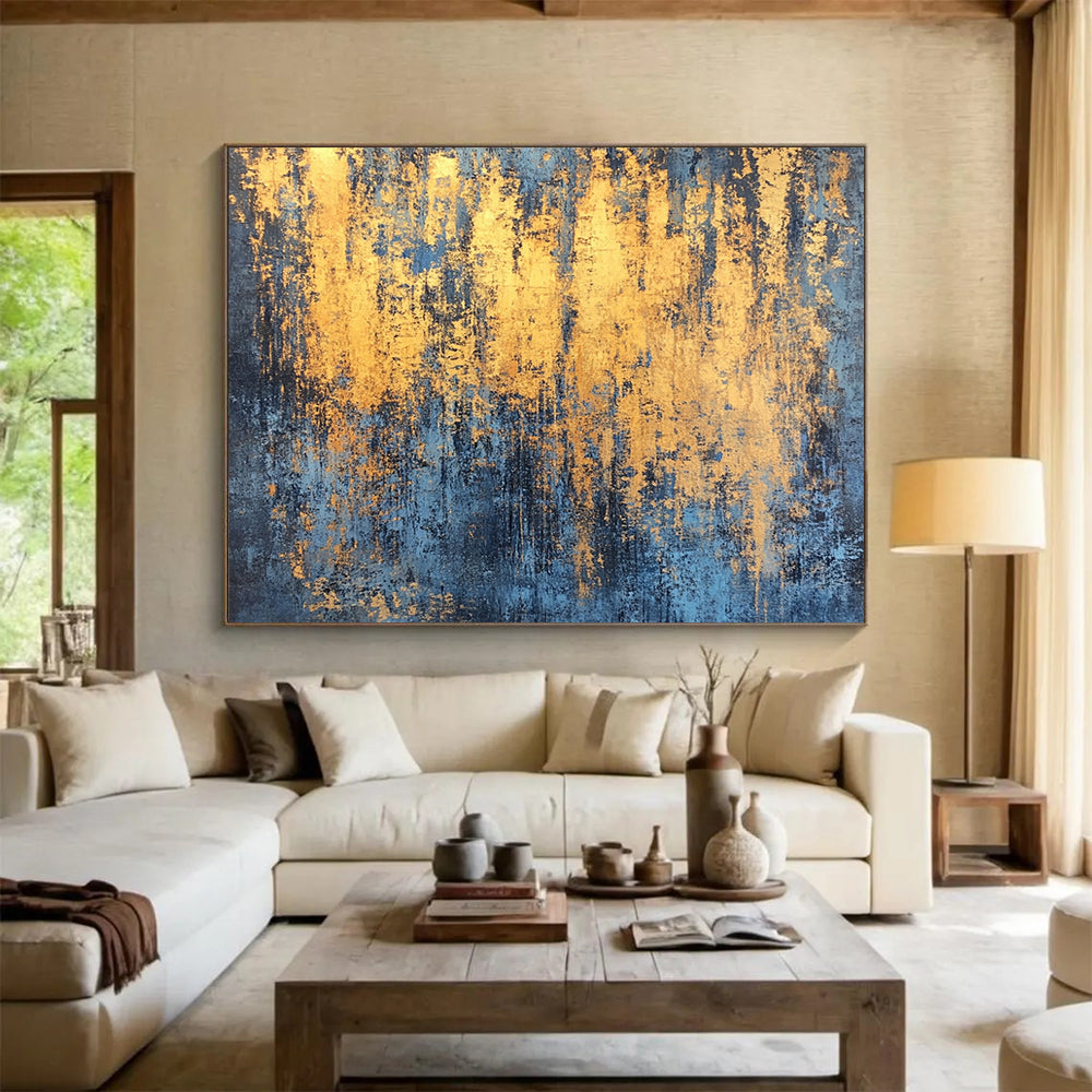 “Gold - Streaked Blue Texture” - Blue, Gold, Abstract Textured Painting On Canvas HB1000