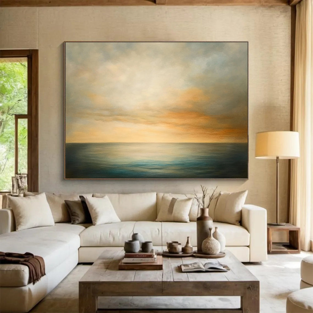 “Soft - Toned Sea and Sky” - Muted Grays, Oranges, Blues, Calm Ocean and Sky - Oil Painting HB1606