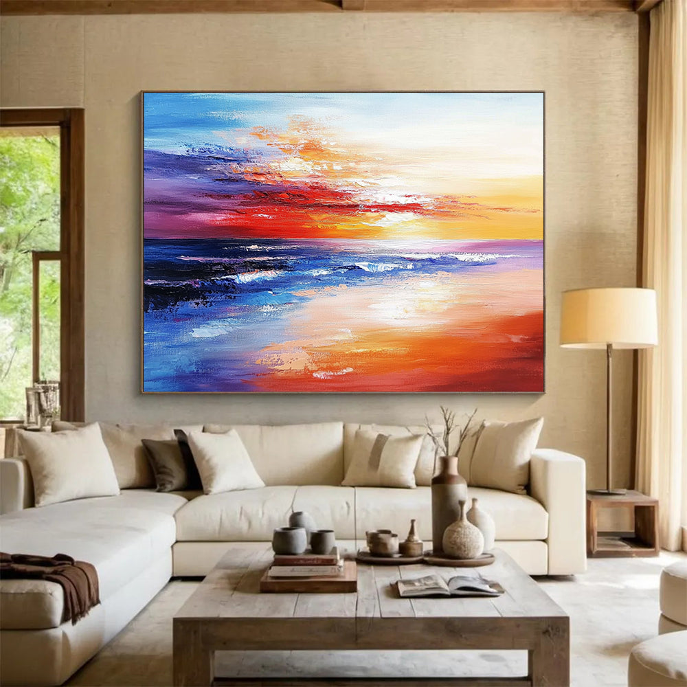 “Vibrant Coastal Sunset” - Purple, Red, Orange, Blue, Colorful Seaside Dusk Painting On Canvas HB1030