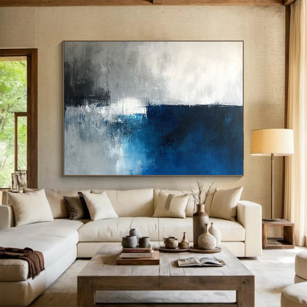 “Gray - Blue Abstract Horizon” - Gray, Blue, White, Horizon Line Painting On Canvas HB0839