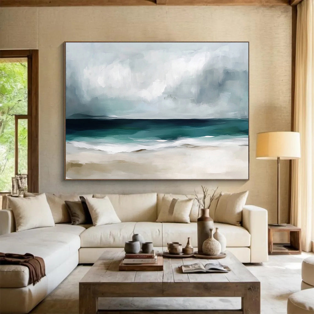 “Stormy Beach Abstract” - Gray, Teal, White, Beige - Abstract Stormy Beach Scene - Acrylic Painting HB1310