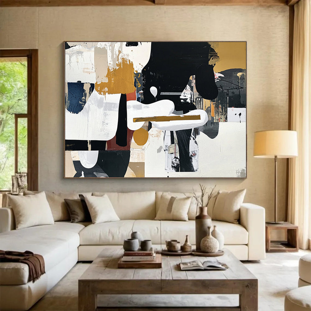 “Collage - like Abstract” - Black, White, Gold, Brown with Mixed Media - Abstract Mixed Media HB1360