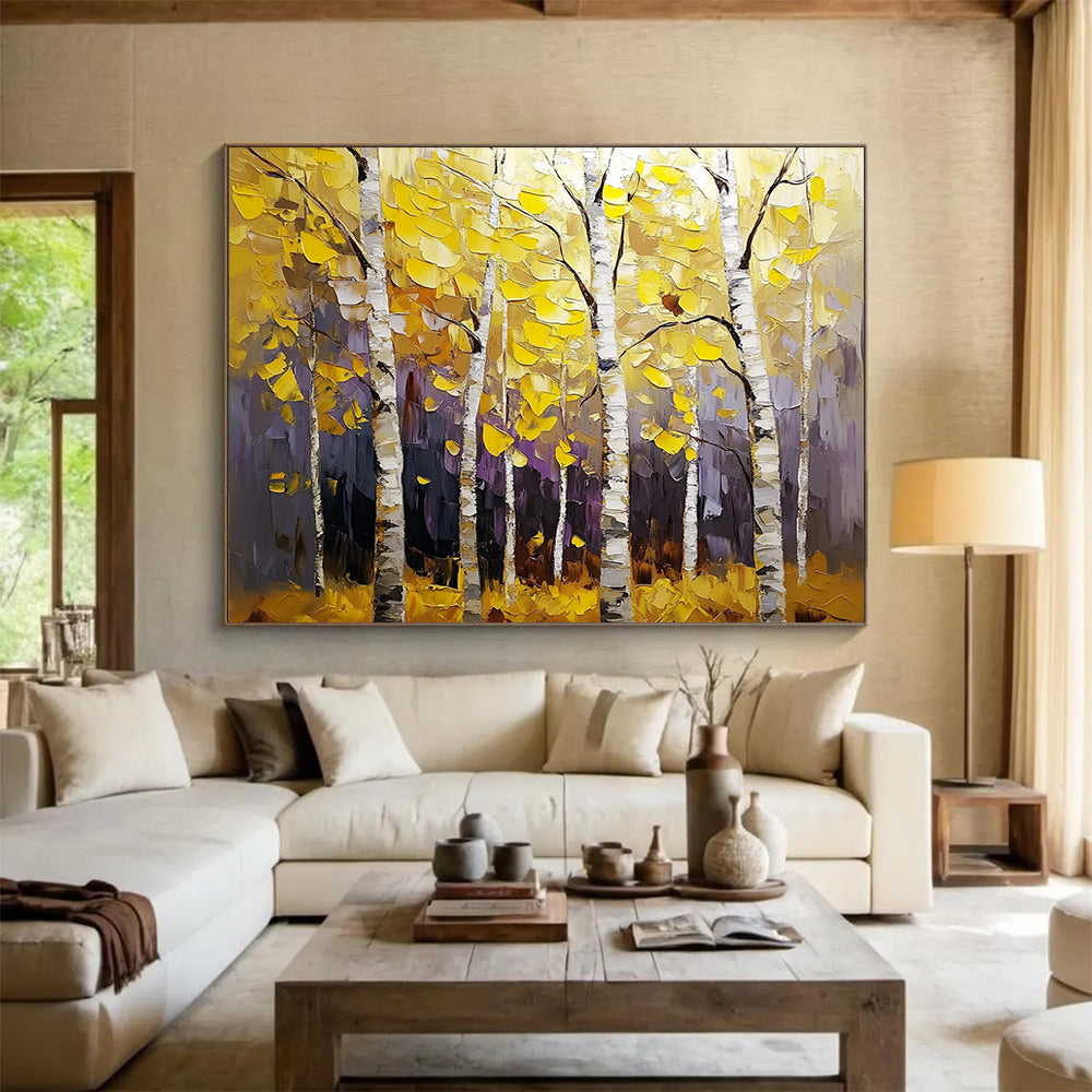 “Colorful Autumn Birch Forest” - Yellows, Purples, Browns, White, Birch Forest - Textured Oil Painting HB1583