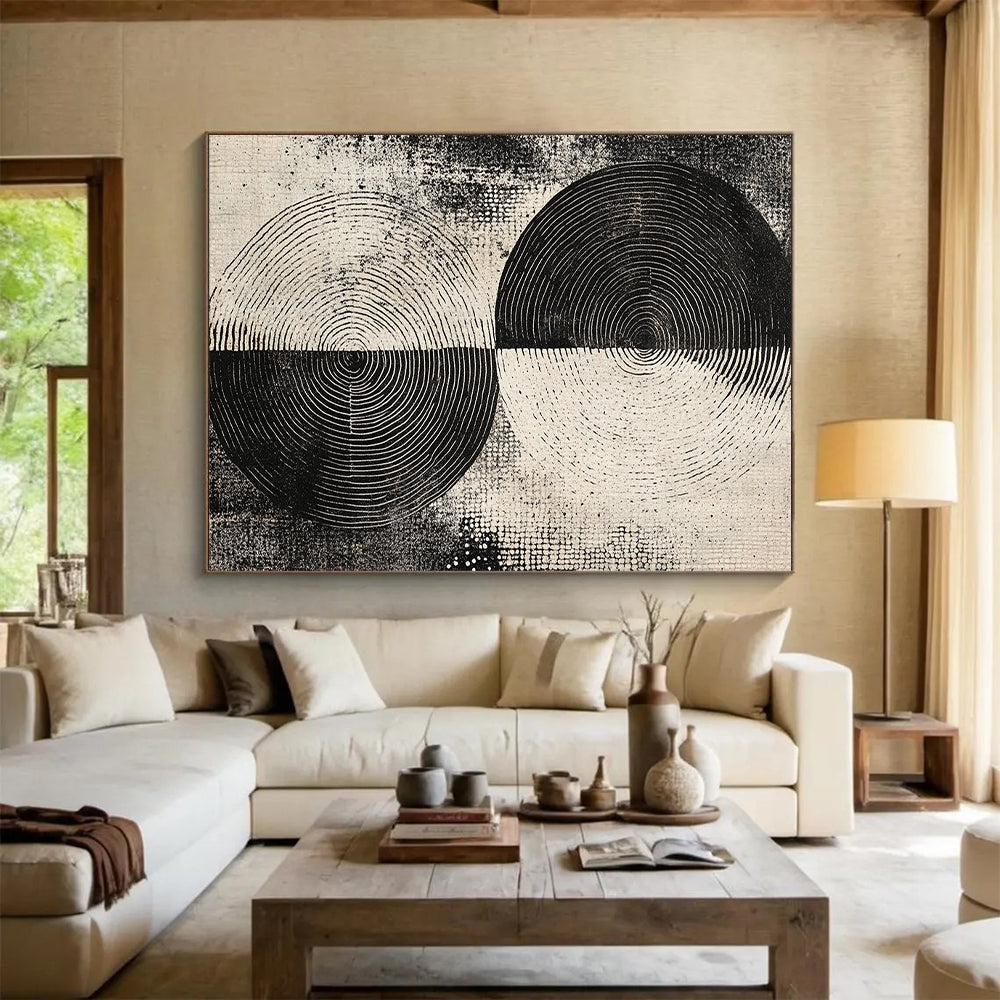 Black and White Split Circles "Dual Rhythm" Painting On Canvas HB253