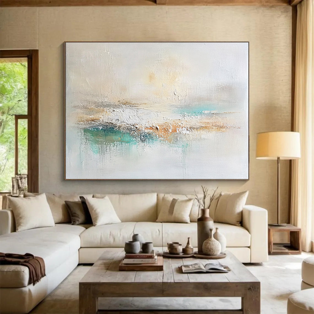 “Soft Neutral Abstract Landscape” - Beige, White, Teal, Gentle Textured Painting On Canvas HB1004