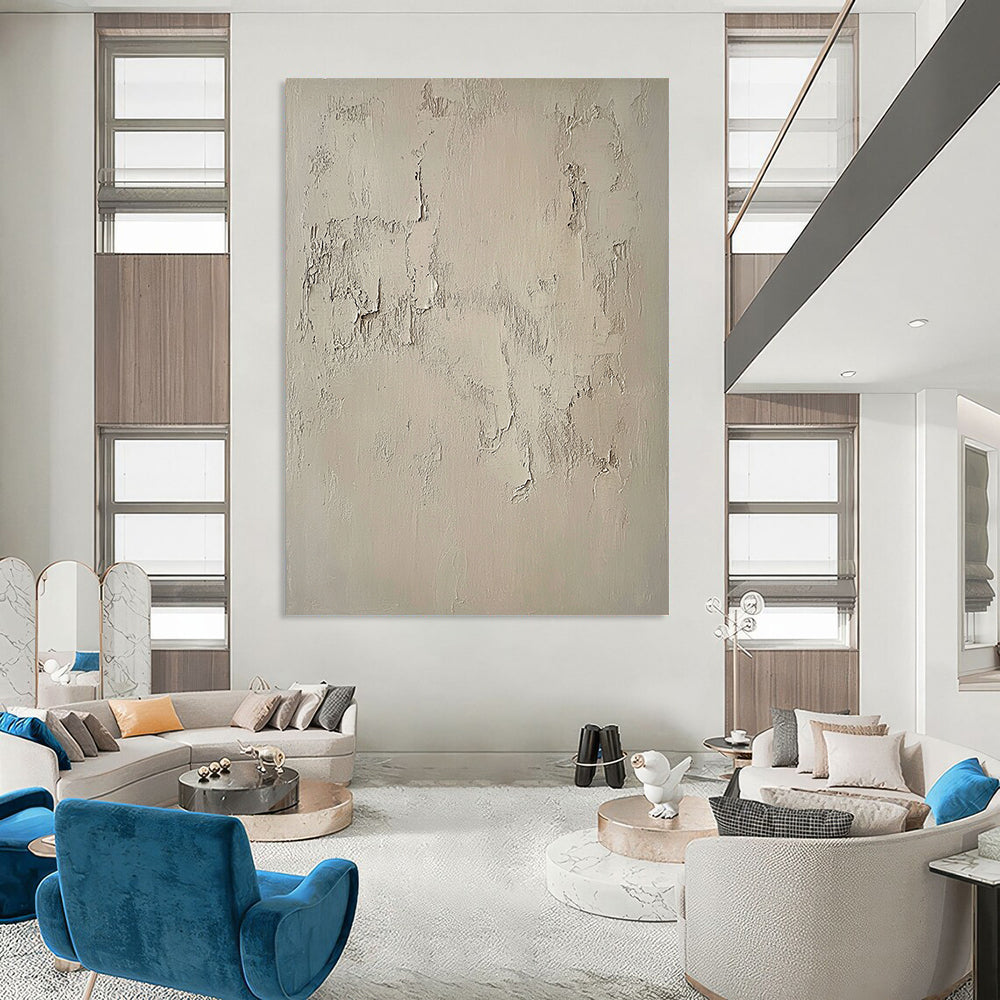Contemporary hand-painted abstract artwork featuring a textured beige wall with intricate white patterns, capturing the beauty of weathered cement in muted tones. DLZ1115