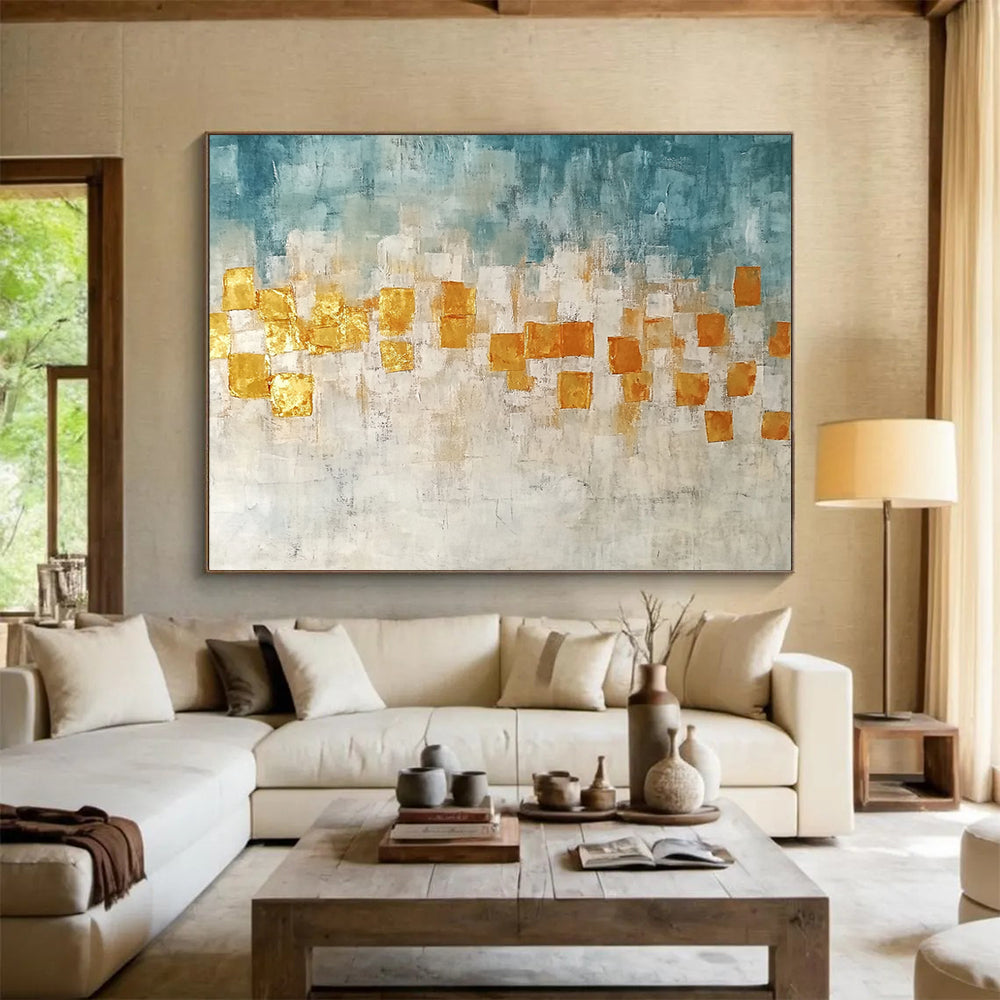“Golden Squares” - Blue, Gold, White, Abstract Geometric Squares Painting On Canvas HB1048