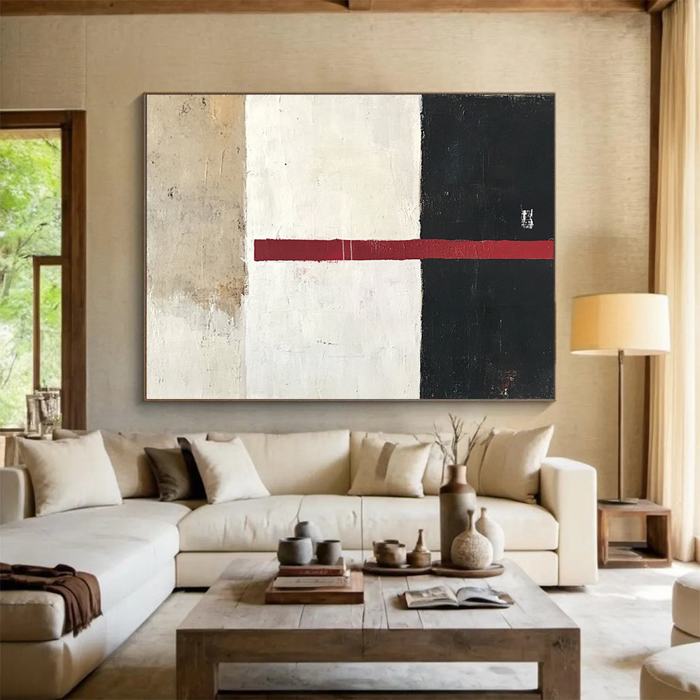 “Minimalist Color Divide” - Beige, White, Black, Red, Horizontal Stripe - Painting On Canvas HB1441