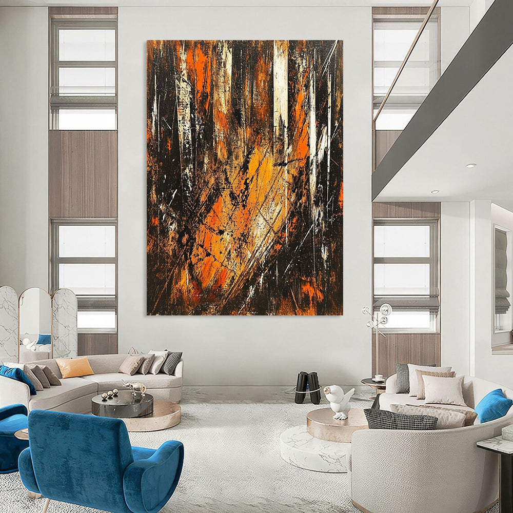 Contemporary hand-painted abstract artwork depicting an energetic forest scene with vibrant brown orange and black tones illuminated by sunlight. DLZ1396
