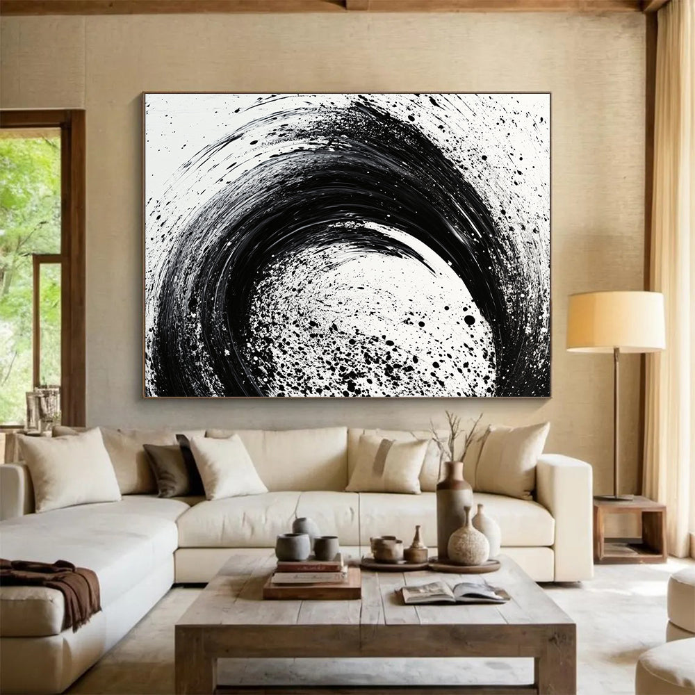 Black and White Swirling Splatter "Cosmic Tempest" Painting On Canvas HB281