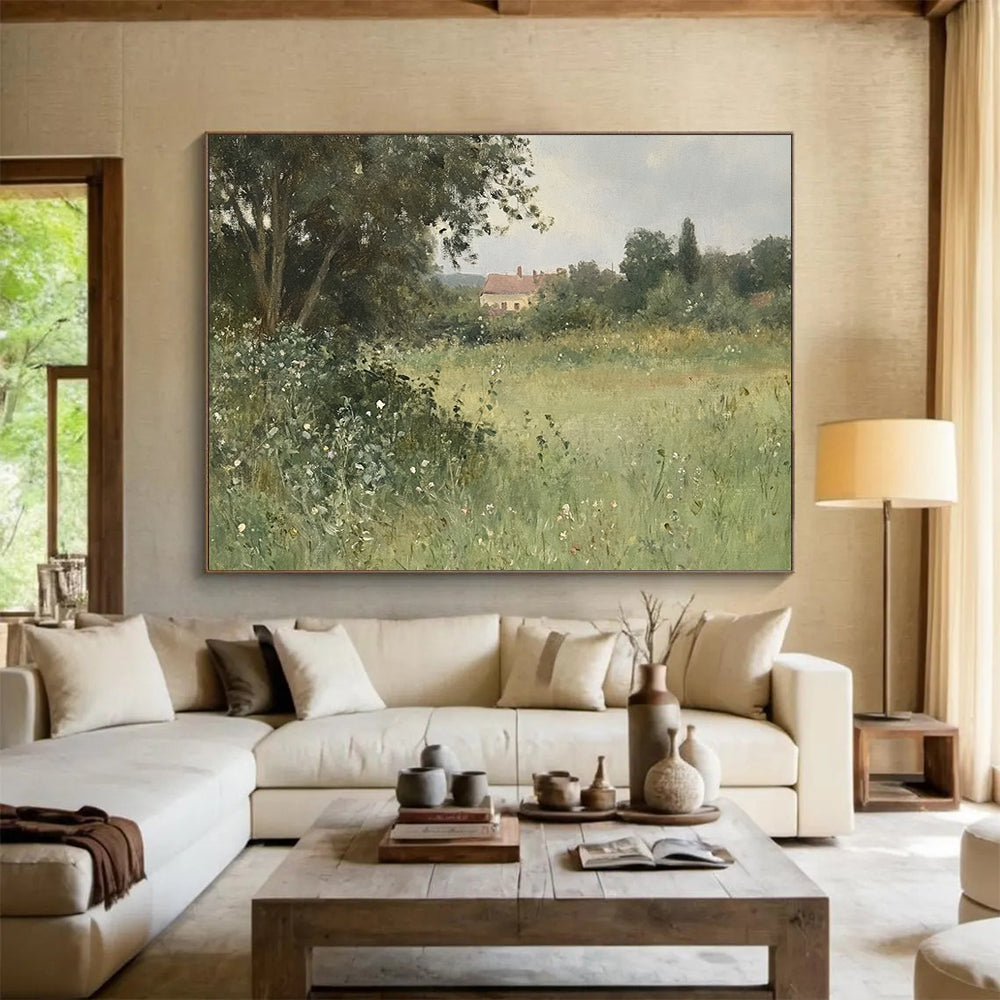 “Rural Retreat” - Greens, Browns, Whites, Countryside with House - Realist Oil Painting HB1597