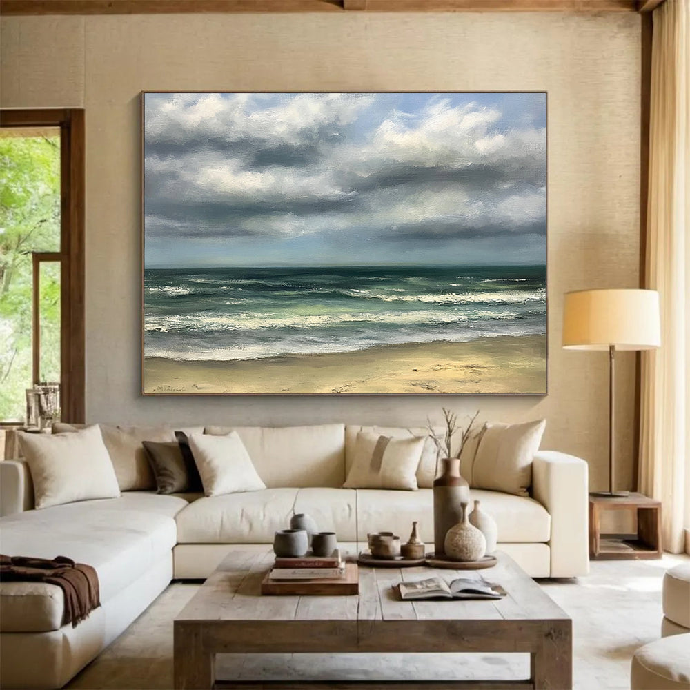 Green, Blue, Gray and Beige Cloudy Seaside "Calm Coast" Painting On Canvas HB0671