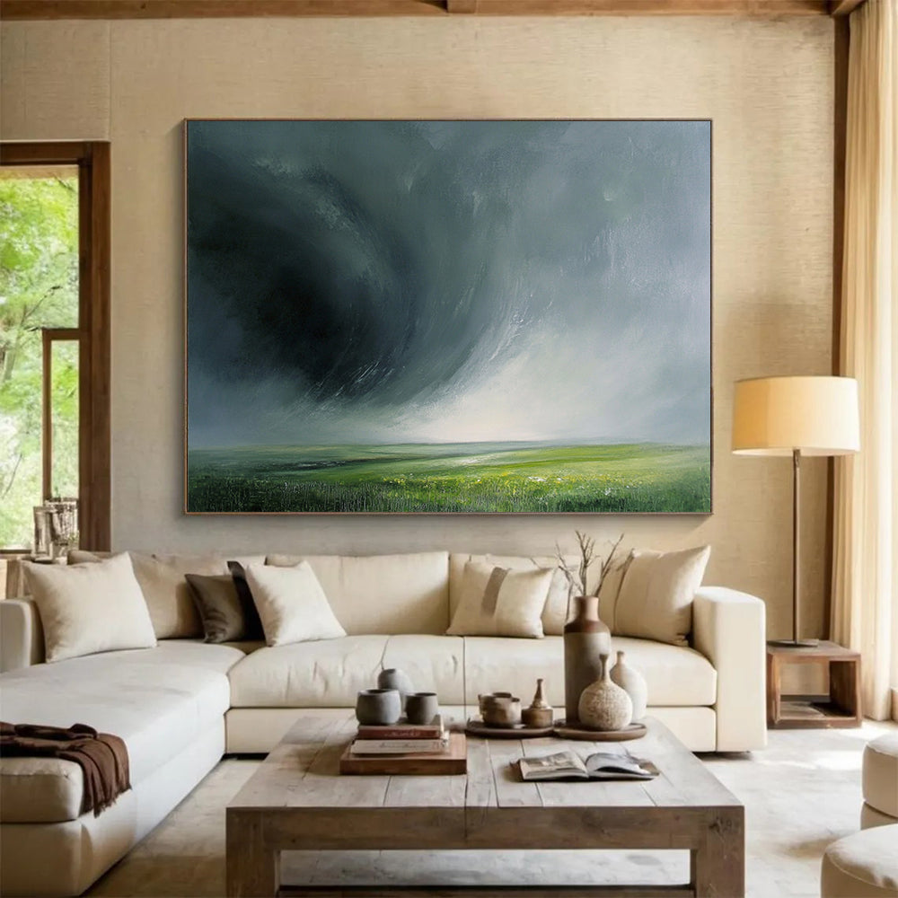 “Stormy Green Horizon” - Dark gray storm, lush green field, Dramatic Landscape Painting On Canvas HB0579