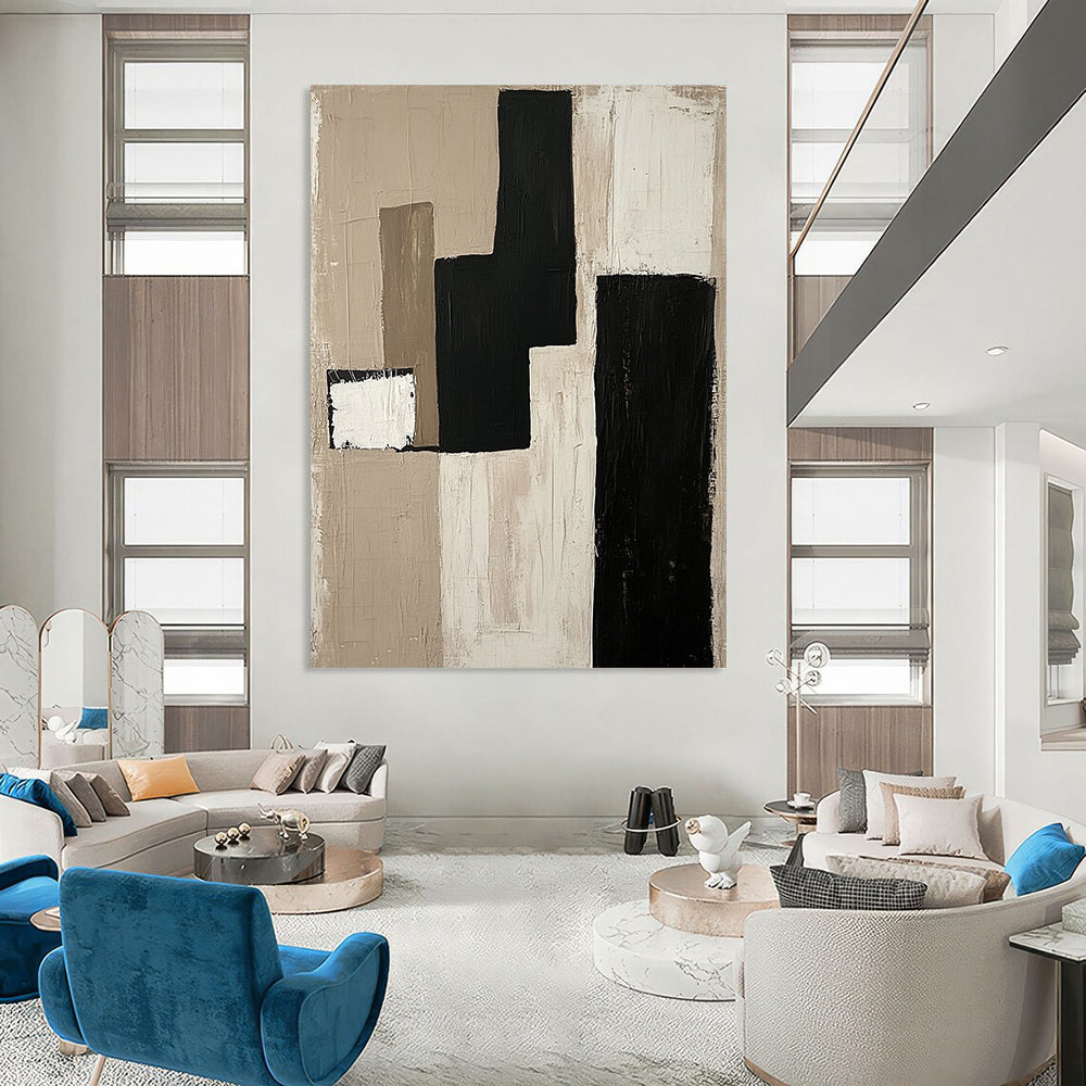 Contemporary hand-painted abstract artwork features minimalist composition with a monochromatic palette of beige black and white on unprimed canvas. DLZ0933