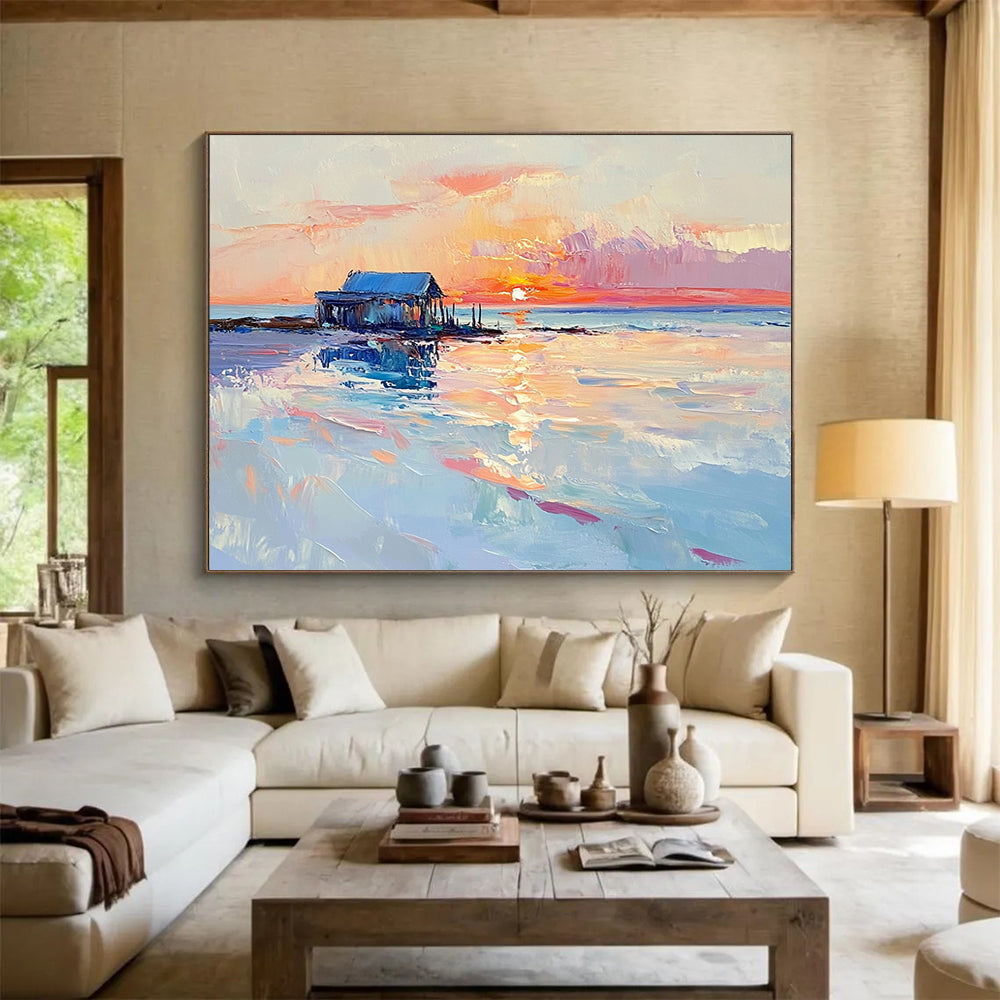 “Sunset Shack by Sea” - Pinks, Oranges, Blues, Coastal Shack - Impasto Oil Painting HB1592