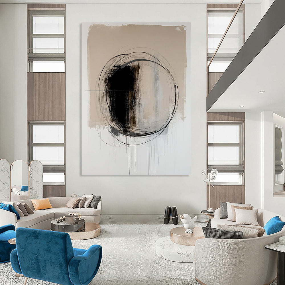 Contemporary hand-painted abstract artwork featuring a black oval with dynamic brush strokes on a serene light beige background. DLZ1010
