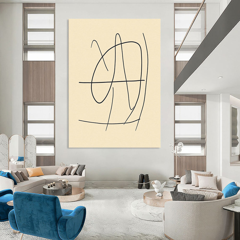 Contemporary abstract art featuring a minimalistic line drawing of the number 4 in black on beige, inspired by Matisse's style. DLZ0422