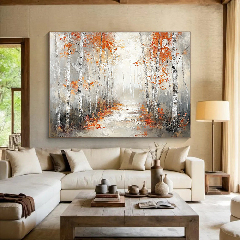 “Autumn Birch Pathway” - Orange, Gray, Birch Trees, Forest Path - Impressionist Landscape Painting HB1683