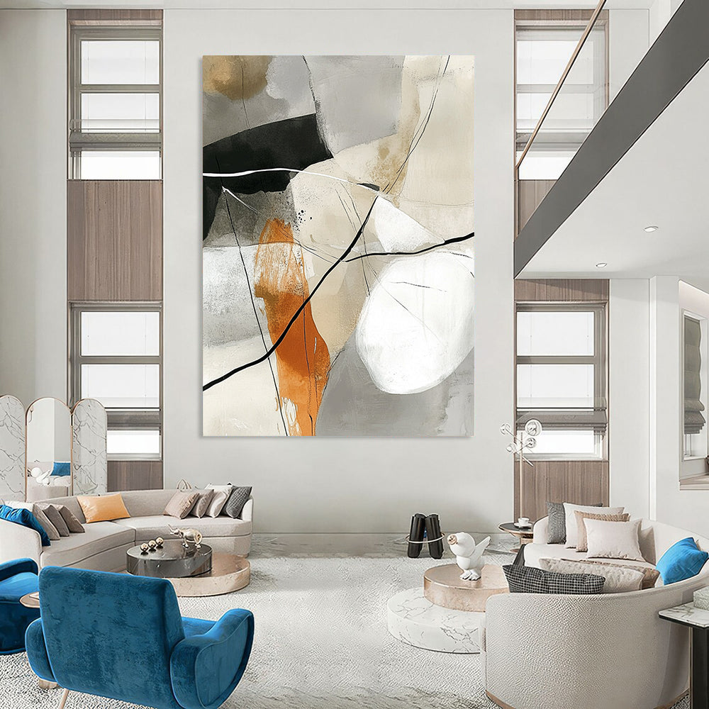 Large contemporary hand-painted abstract artwork featuring white lines and black ink on a grey background with neutral tones of beige olive green rust orange and warm gray-brown. DLZ0265