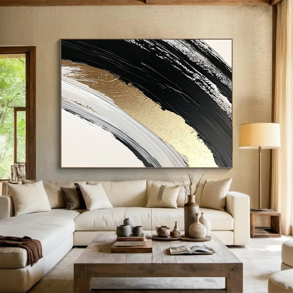 Black, White and Gold Curved Brushstrokes "Elegant Arc" Painting On Canvas HB321