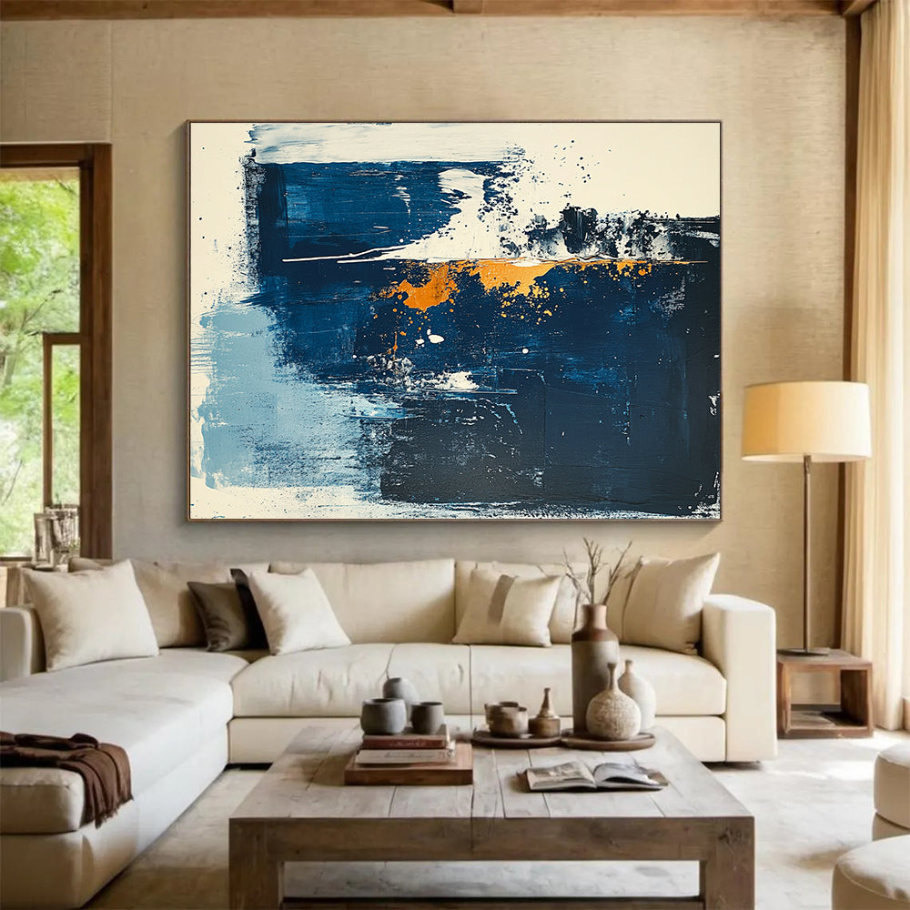 “Blue - White - Gold Abstract Splashes” - Blue, White, Gold, Abstract splashes - Acrylic Painting HB1792