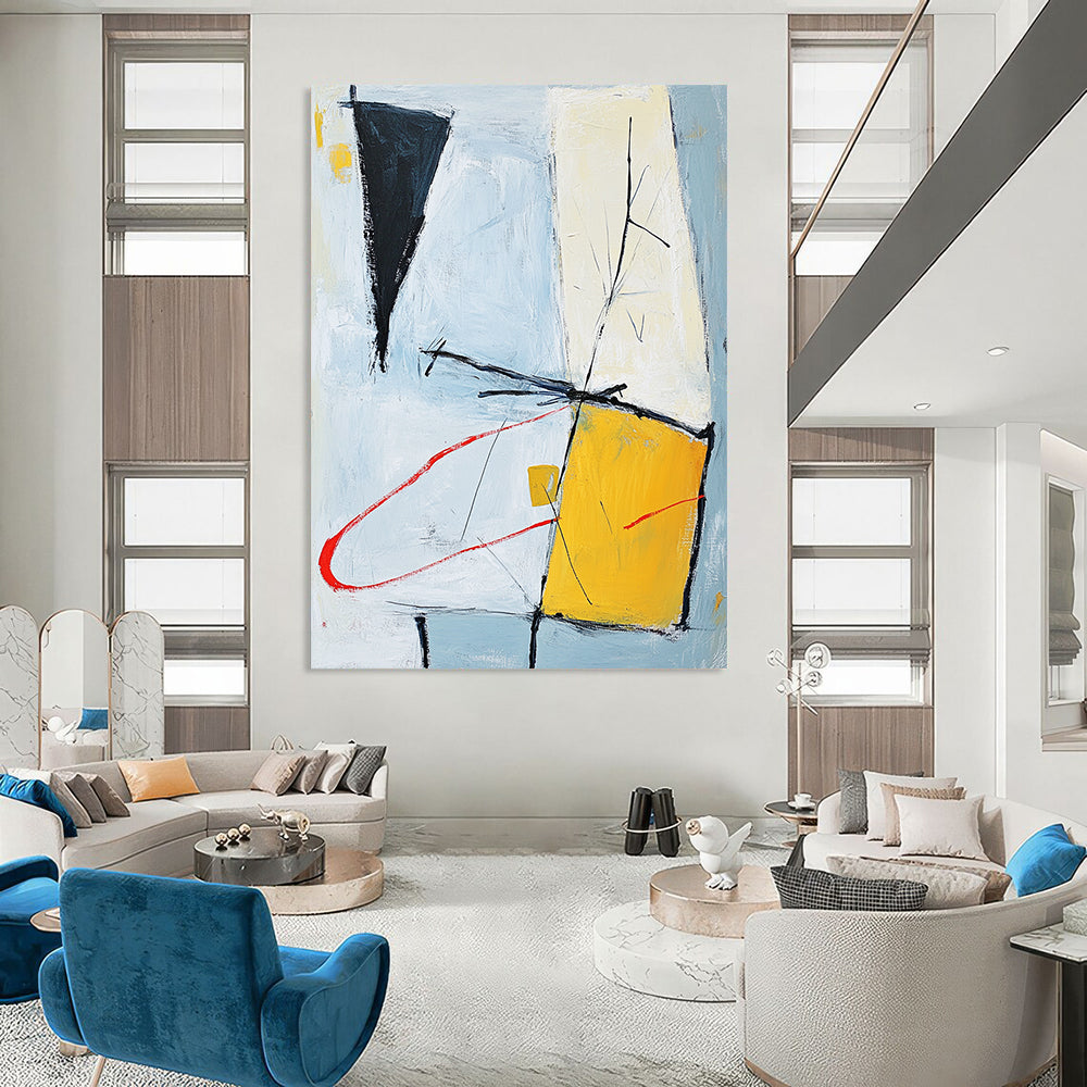 Contemporary hand-painted abstract artwork featuring light blue gray and yellow shapes connected by red curves on an off-white background within a square format. DLZ1021