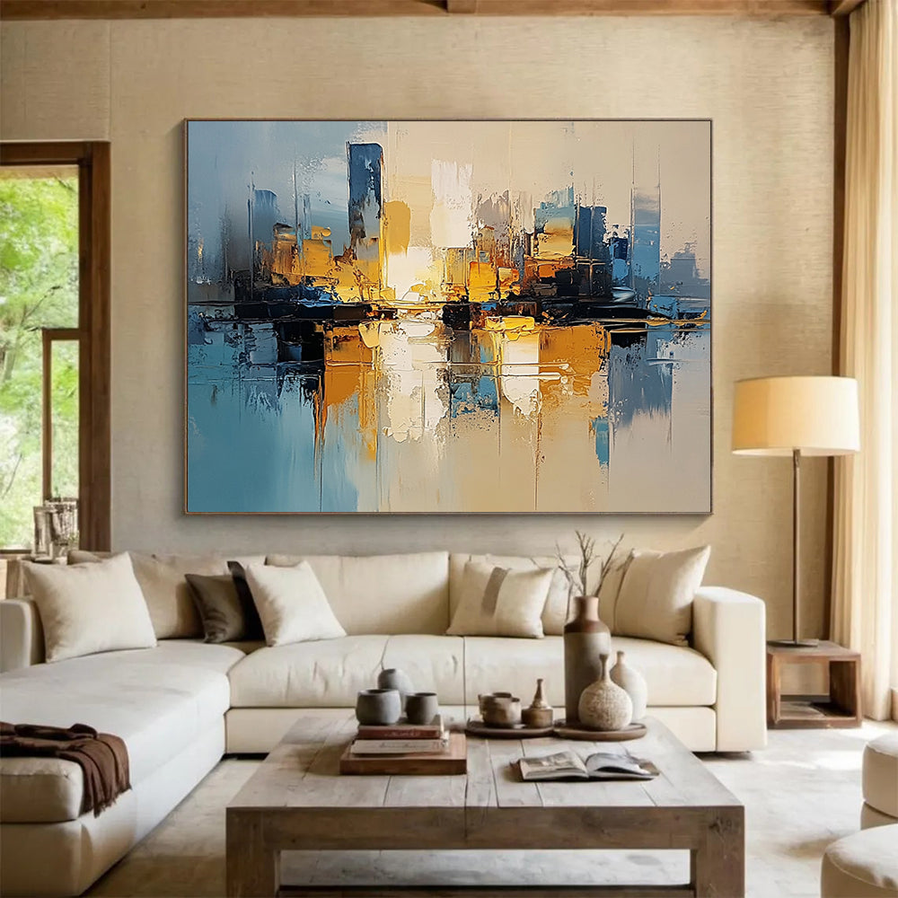 “Golden Skyline” - Blues, golds, whites; Abstract cityscape glowing at dusk; Impasto Oil Painting On Canvas HB1180