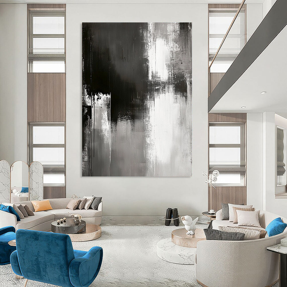 Contemporary abstract painting with grungy grey textures muted colors and simple brush strokes on a textured canvas for modern art lovers. DLZ0304