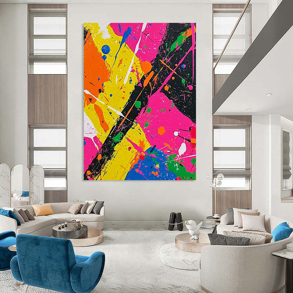 Vibrant contemporary abstract painting featuring bold neon colors and dynamic splashes in a Jackson Pollock-inspired style perfect for modern art collectors. DLZ0614