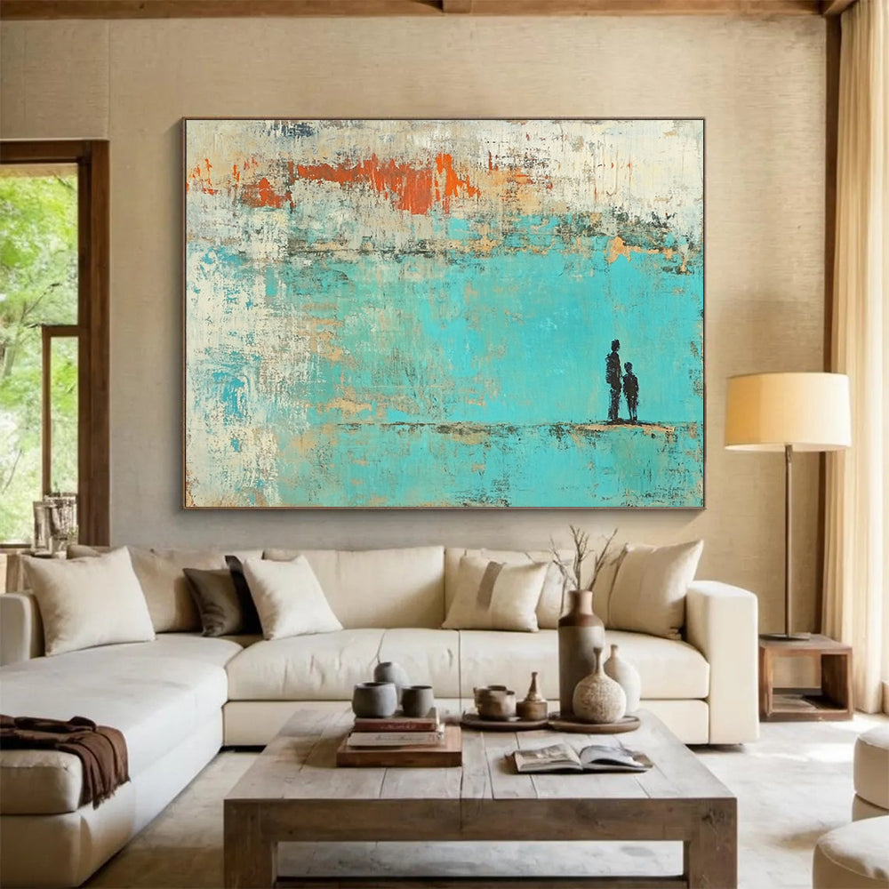 “Father - Child Silhouette in Turquoise - Orange” - Turquoise, Orange, Black with Silhouettes - Painting On Canvas HB1396