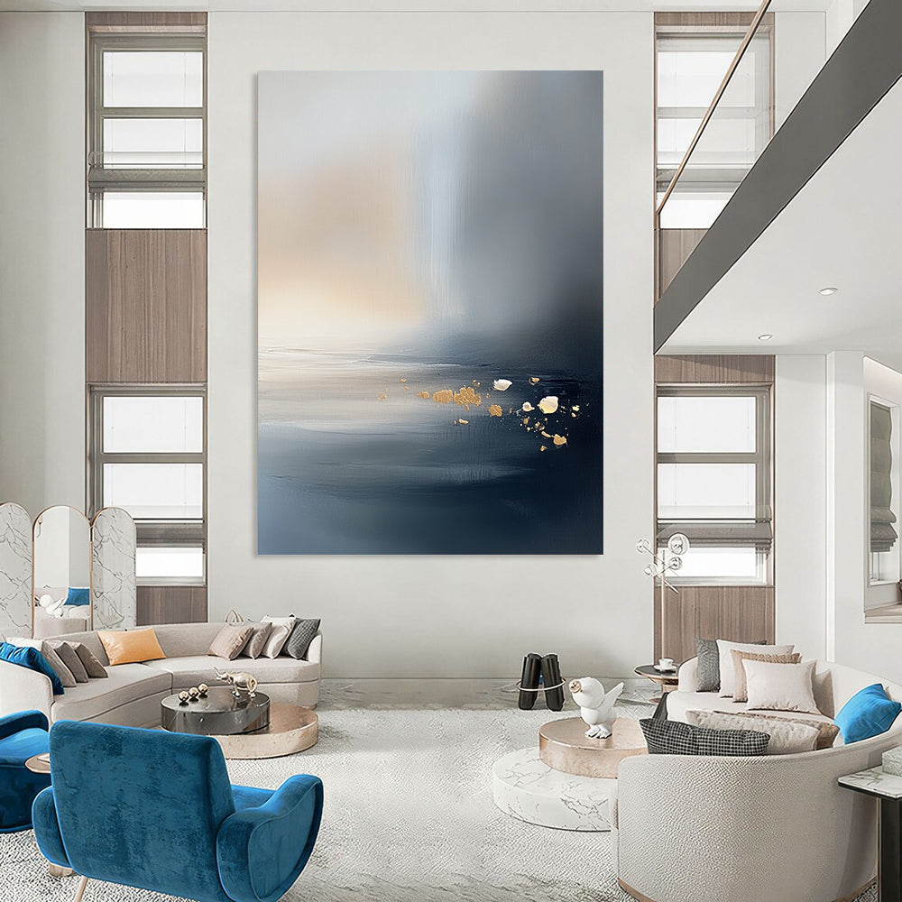 Large contemporary hand-painted abstract artwork featuring a serene misty ocean and sky with neutral tones and subtle gold and silver accents. DLZ0473