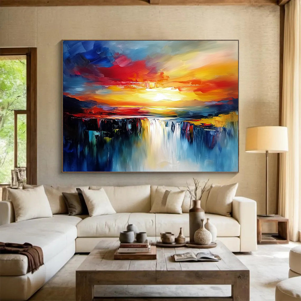 Vibrant Sunset Waterfall in Bold Colors - Expressive Abstract Landscape Painting On Canvas HB0437