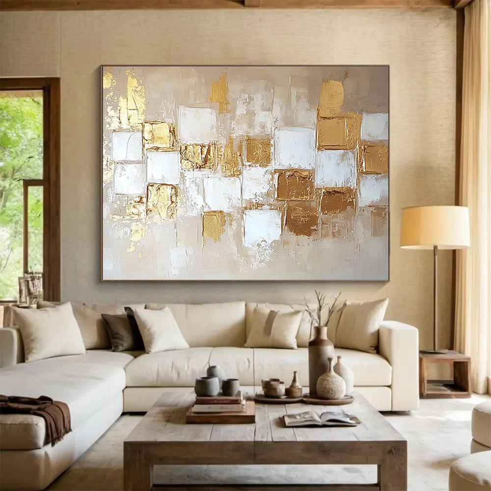 “Gold and Beige Geometric Abstract” - Gold, Beige, Geometric Textured Shapes Painting On Canvas HB0885