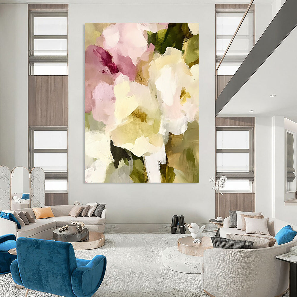 Large contemporary abstract painting featuring soft edges and blurry details with vintage floral elements in pale pink and cream tones. DLZ0379