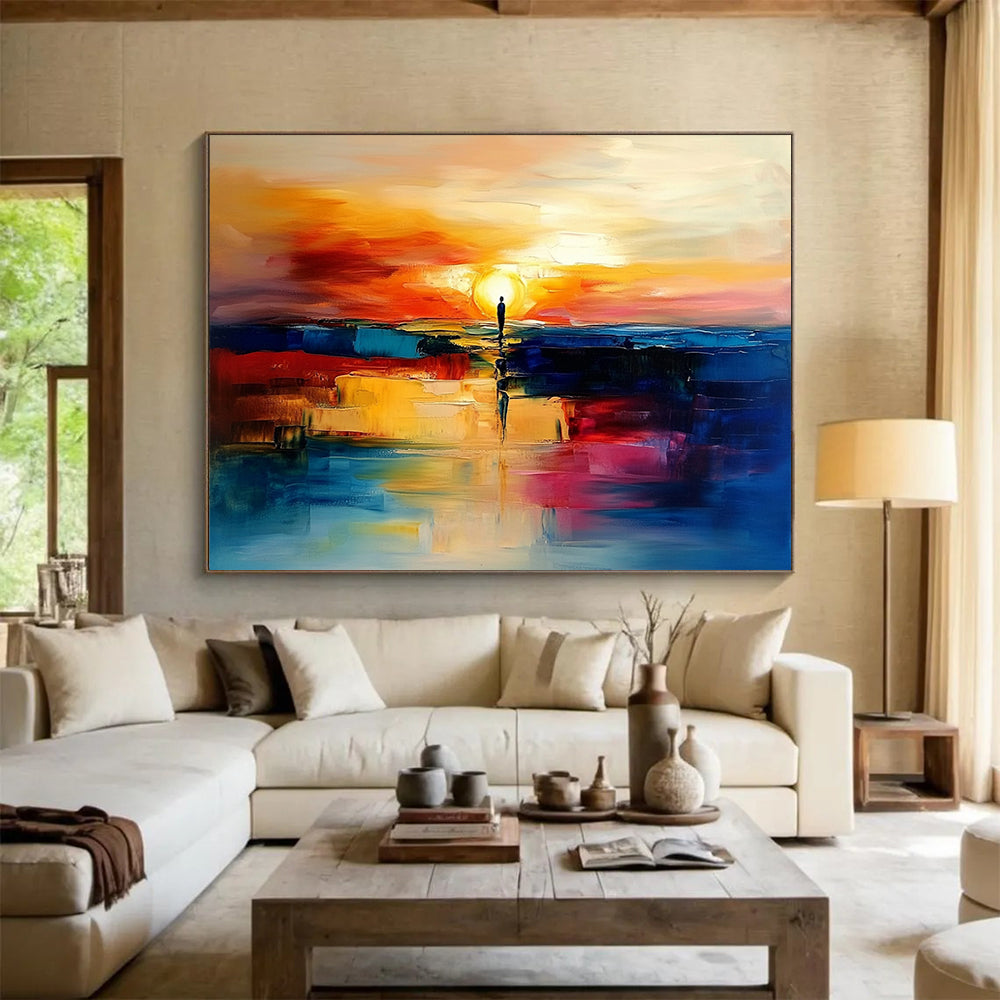 “Sunset Silhouette Reflection” - Orange, Red, Blue, Figure & Sunset Painting On Canvas HB0735