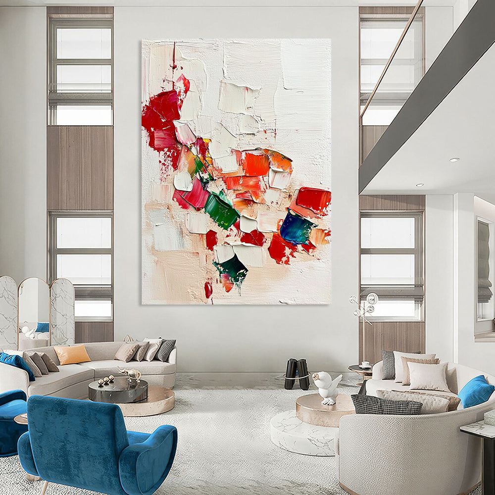 Contemporary hand-painted abstract artwork featuring vibrant reds and greens on a textured white background inspired by Jean-Léon Gérôme. DLZ0574
